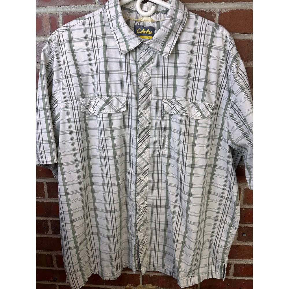Mens CABELA'S Plaid Short Sleeve Button Up Shirt X-LARGE Button Pockets COOL MAX
